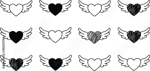 Heart with wings icons vector set for love, freedom, romance.