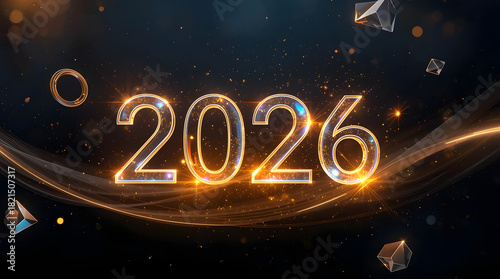 Futuristic New Year 2026 Design with Neon Glass Typography, Golden Light Trails, Holographic Sparks, and Luxury Cosmic Background