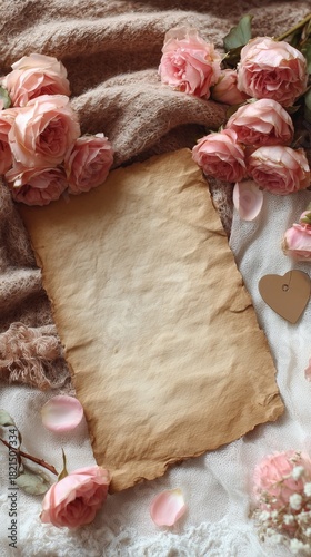Romantic Setting With Dried Roses and a Blank Parchment on Soft Fabric