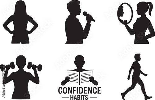 Six black silhouette icons of people engaged in various activities including fitness speaking and self reflection