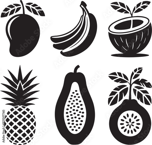 Six black silhouette tropical fruits including mango banana coconut pineapple papaya and passion fruit
