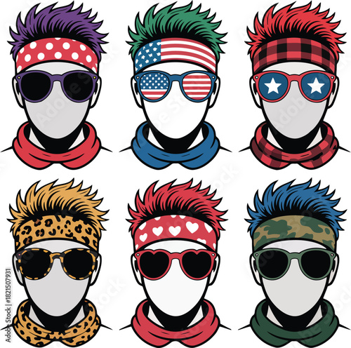 Six faceless figures with spiky hair bandanas and sunglasses male person