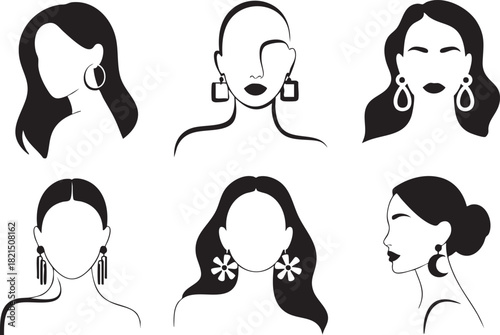 Six minimalist black and white graphic portraits of women with diverse hairstyles and earrings