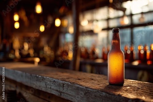 Refreshing Cold Beverage on Weathered Bar in Warm, Inviting Tavern