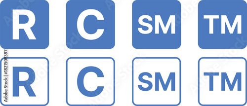 Copyright, Registered, Trademark, and Service Mark icon set. Intellectual Property (IP) Rights Symbols. C, R, TM, SM Mark Collection. Digital Rights and Company Brand Asset Indicator Logos