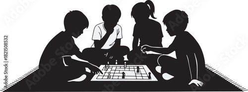Children Playing Board Game Together in Silhouette on a Rug