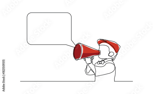 Continuous line sketch drawing of kid boy holding megaphone speaker with bubble chat. single line art of sound tool equipment editable stroke vector illustration