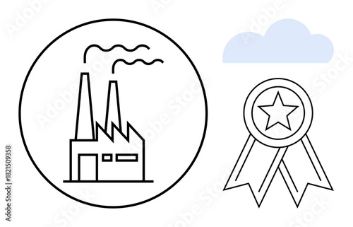 Factory and ribbon with star representing quality, manufacturing, sustainability, and industrial standards. Ideal for business, production, certification, innovation, corporate goals energy issues