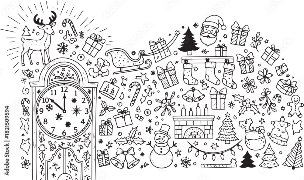 Obraz premium Christmas Illustration with Clock Reindeer Santa and Festive Holiday Elements