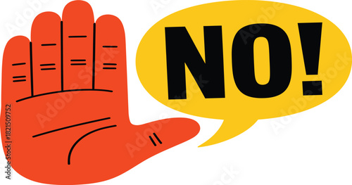 Bold refusal gesture with a hand and speech bubble saying NO, ideal for assertive concepts