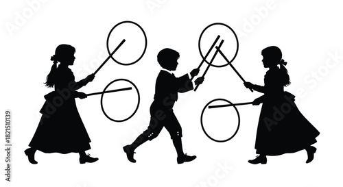 Children Silhouettes Playing with Hoops and Sticks
