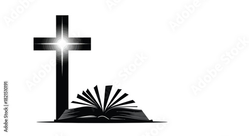 Christian Cross and Open Bible Silhouette with Light Burst