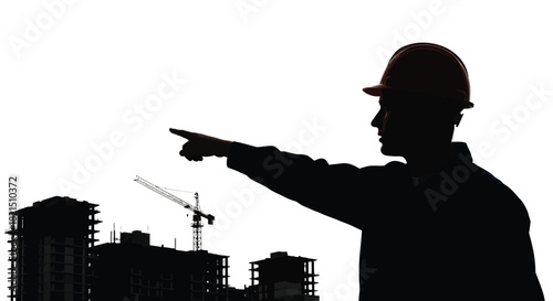 Construction Site Foreman Pointing with Buildings and Crane Keywords: silhouette, construction