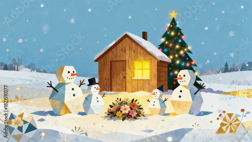 Illustration Of Four Snowmen Standing In Front Of A House With A Winter Atmosphere Vector Design Template