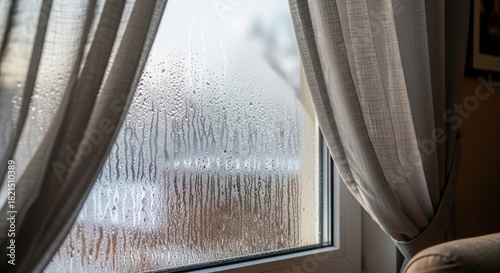Condensation on the window behind the curtains