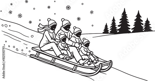 Family Sledding Together in Snowy Winter Scene Black and White Illustration