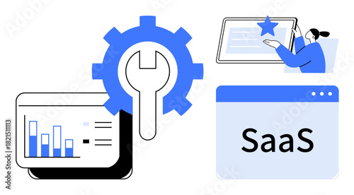 Gear with a wrench, analytics dashboard, SaaS interface, and user rating a screen. Ideal for SaaS, customization, analytics, service improvement, digital tools user experience simple flat metaphor