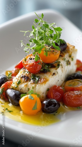 Grilled Fish With Colorful Roasted Tomatoes and Herbs in a Gourmet Presentation