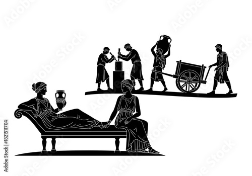 Ancient Greek women celebrating Gynaikratia while lounging and interacting against on a white background