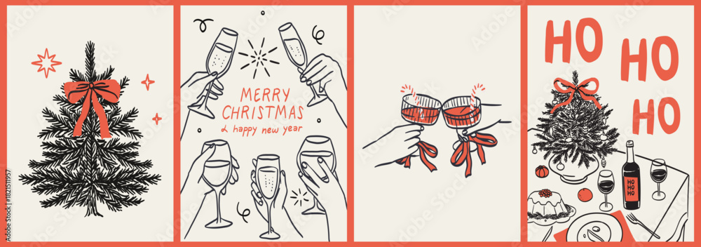 Fototapeta premium Christmas greeting cards with Elegant Xmas designs. Trendy retro whimsical hand drawn doodles with bow and ribbons, champagne and cocktails cheers. New year celebration banner, poster, covers.
