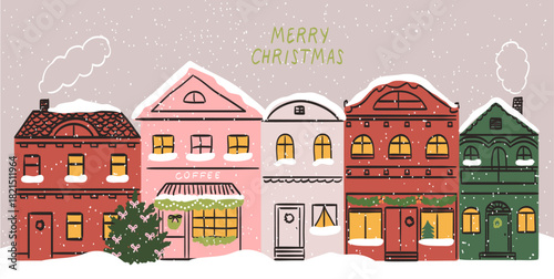 Christmas city panorama greeting card. Snow streets of European town on Xmas eve landscape, Noel. New Year cityscape with decorated houses and cafe. Winter holidays. Flat ink vector illustration.