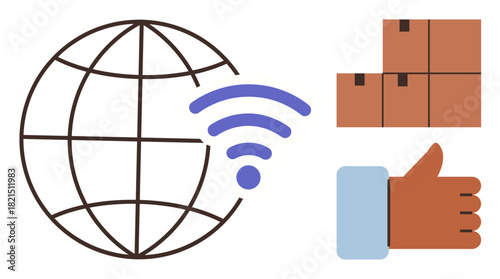 Globe with wireless signal, stack of packages, and thumbs-up symbolizing online logistics, e-commerce, communication, global trade, shipment services, customer satisfaction, simple flat metaphor
