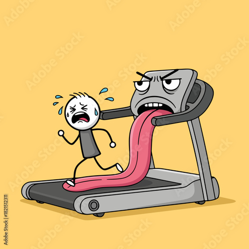 Stick figure running on tired treadmill character
