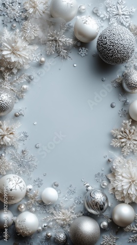 Festive Winter Decoration With Silver and White Ornaments and Snowflakes on a...