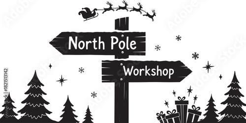 Festive Christmas North Pole workshop sign with Santa and reindeer silhouette