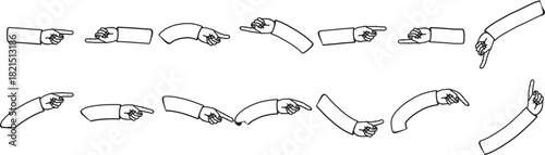 Line art illustrations of a human arm and hand with an index finger pointing in multiple directions