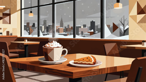Illustration Of Hot Chocolate With Gingerbread In A Cafe Window Overlooking The City During Winter Vector Design Template
