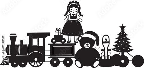 Festive Christmas toys silhouette with train and teddy bear joyful illustration