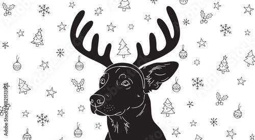 Festive dog portrait with reindeer antlers surrounded by holiday doodles