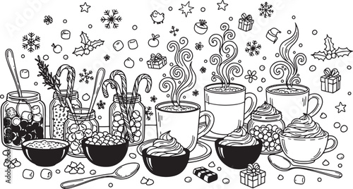 Festive holiday hot chocolate and sweets black and white vector illustration