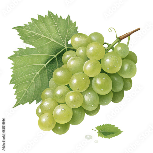Green grapes cluster with leaf isolated on transparent background