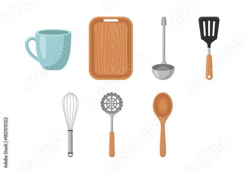 Collection of kitchen utensils and tools, including a whisk, spatula, ladle, wooden cutting board, and mug