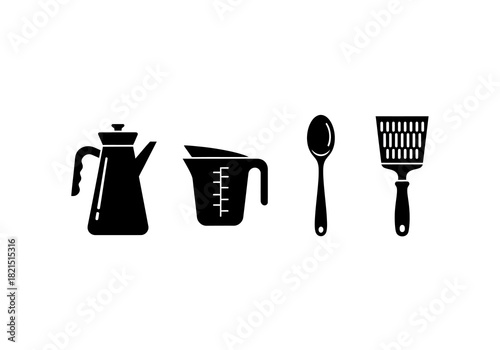 Cooking Utensils Icon Set Coffee Pot, Measuring Cup, Spoon, and Spatula for Culinary Designs