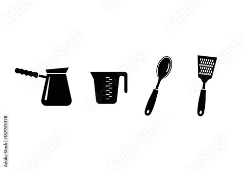 Kitchen Utensils Icon Set Coffee Pot, Measuring Cup, Spoon, and Grater - Perfect for Culinary Designs