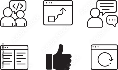 Developer Peer Review Icon Set – Black and line Coding, Pull Request, Discussion, Diff, Version Control Symbols.