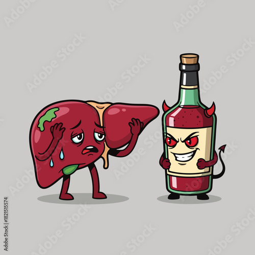 Sad liver cartoon character scared of alcohol bottle