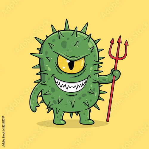 Evil green virus cartoon character with trident