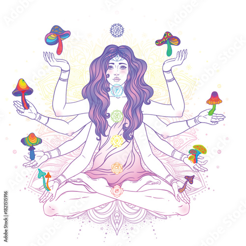 Vector illustration of a multi-armed goddess sitting in lotus pose surrounded by mushrooms. Spiritual and psychedelic concept inspired by Lakshmi, symbolizing harmony, nature, and inner awakening.
