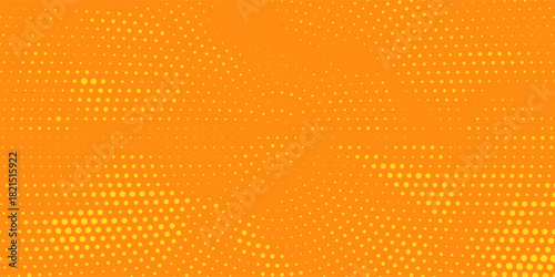 Radial halftone speckled gradient background. Concentric dotted texture with fading effect. Orange and yellow circle-hued wallpaper.