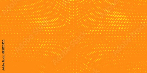 Radial halftone speckled gradient background. Concentric dotted texture with fading effect. Orange and yellow circle-hued wallpaper.