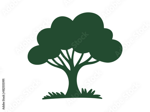 A stylized dark green silhouette of a tree with a lush canopy and grass at its base stands out against a plain white background.