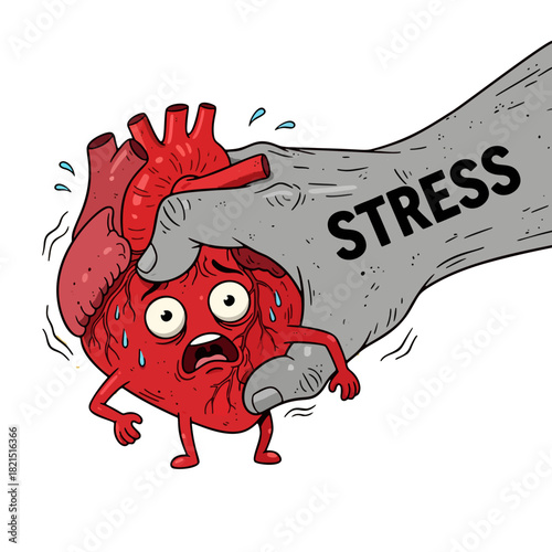 Cartoon heart character squeezed by stress hand