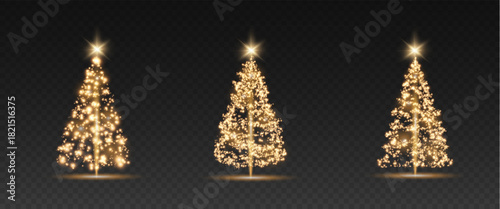 Christmas tree, sparkling lights in the shape of a fir tree on a transparent background. New Year tree made of glowing lights, gold, white, blue, green, vector, png.