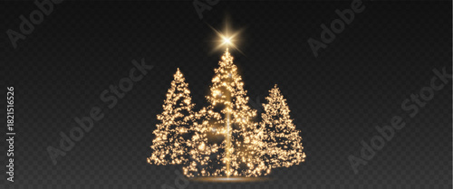 Christmas tree, sparkling lights in the shape of a fir tree on a transparent background. New Year tree made of glowing lights, gold, white, blue, green, vector, png.