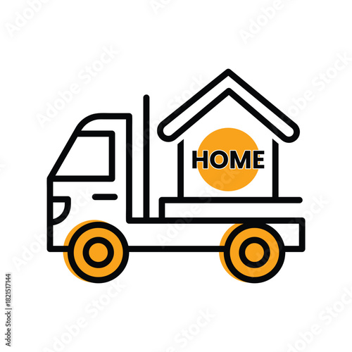 Delivery truck carrying a house icon with the word home

