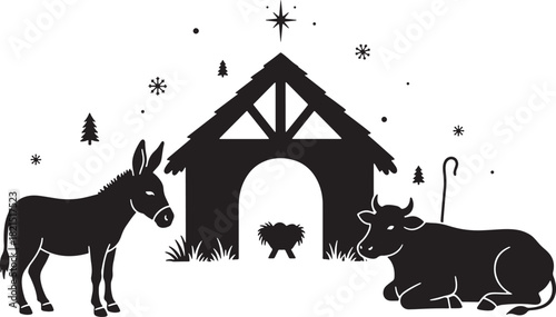 Nativity Scene Depiction with Animals and Starry Sky in Minimalist Style